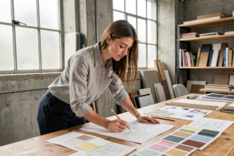 Étudiante en design travaillant sur des croquis créatifs dans un studio de design and innovation academy