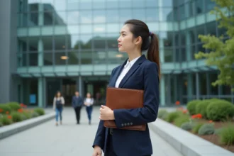 Étudiante en école d'ingénieur devant un bâtiment universitaire moderne, tenant un portfolio