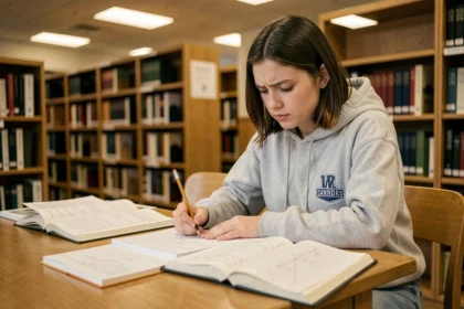 Étudiante en mathématiques étudiant des équivalents et équations sur des notes manuscrites dans une bibliothèque universitaire