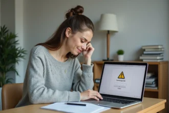 Étudiante frustrée face à une erreur de connexion sur la plateforme Toulouse Convergence depuis son bureau à domicile