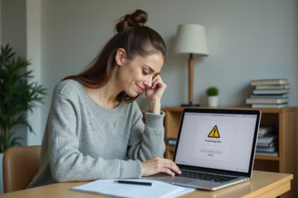 Étudiante frustrée face à une erreur de connexion sur la plateforme Toulouse Convergence depuis son bureau à domicile