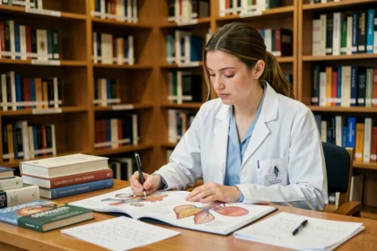 Étudiante en ostéopathie consultant un atlas anatomique dans une bibliothèque universitaire