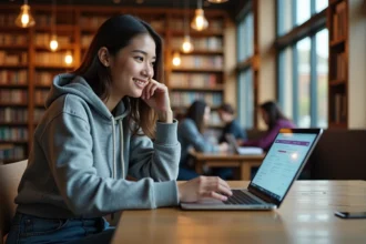 Étudiante découvrant les services cachés du portail MyGEMA sur un ordinateur portable dans une bibliothèque universitaire
