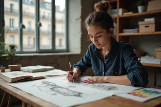 Étudiante en design travaillant sur son portfolio d'admission aux Gobelins Paris, entourée de croquis et de références artistiques dans un atelier professionnel