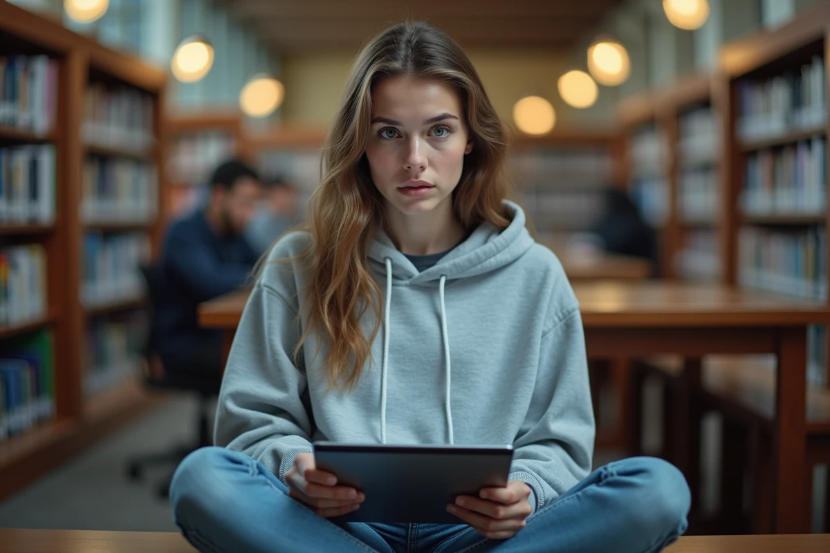 Étudiante dans une bibliothèque universitaire consultant une tablette affichant un problème de connexion à la messagerie académique