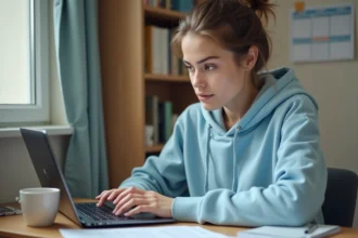 Étudiante remplissant une demande de remboursement CVEC sur son ordinateur portable dans sa chambre universitaire
