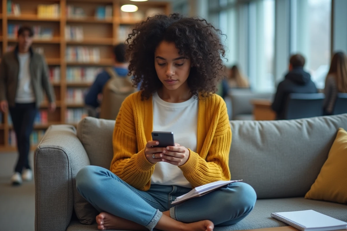 Étudiante consultant les démarches de remboursement CVEC sur son smartphone dans une bibliothèque universitaire