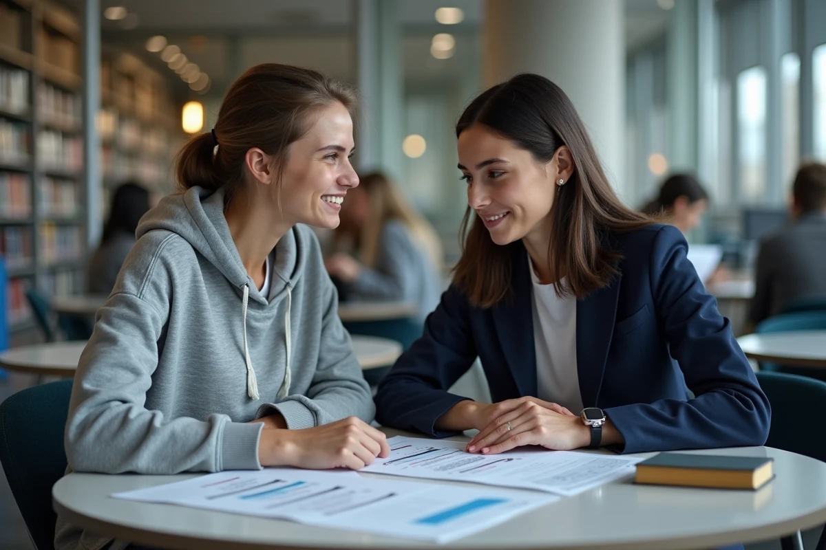 Deux étudiantes discutant des spécialités et du prestige des écoles d'ingénieurs dans une bibliothèque universitaire