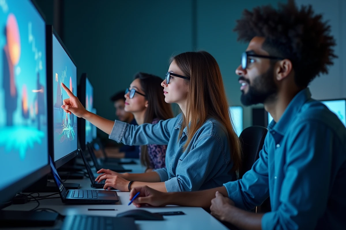 Groupe d'étudiants en animation 3D travaillant sur un projet numérique dans un laboratoire informatique d'une école de cinéma d'animation comme les Gobelins à Paris