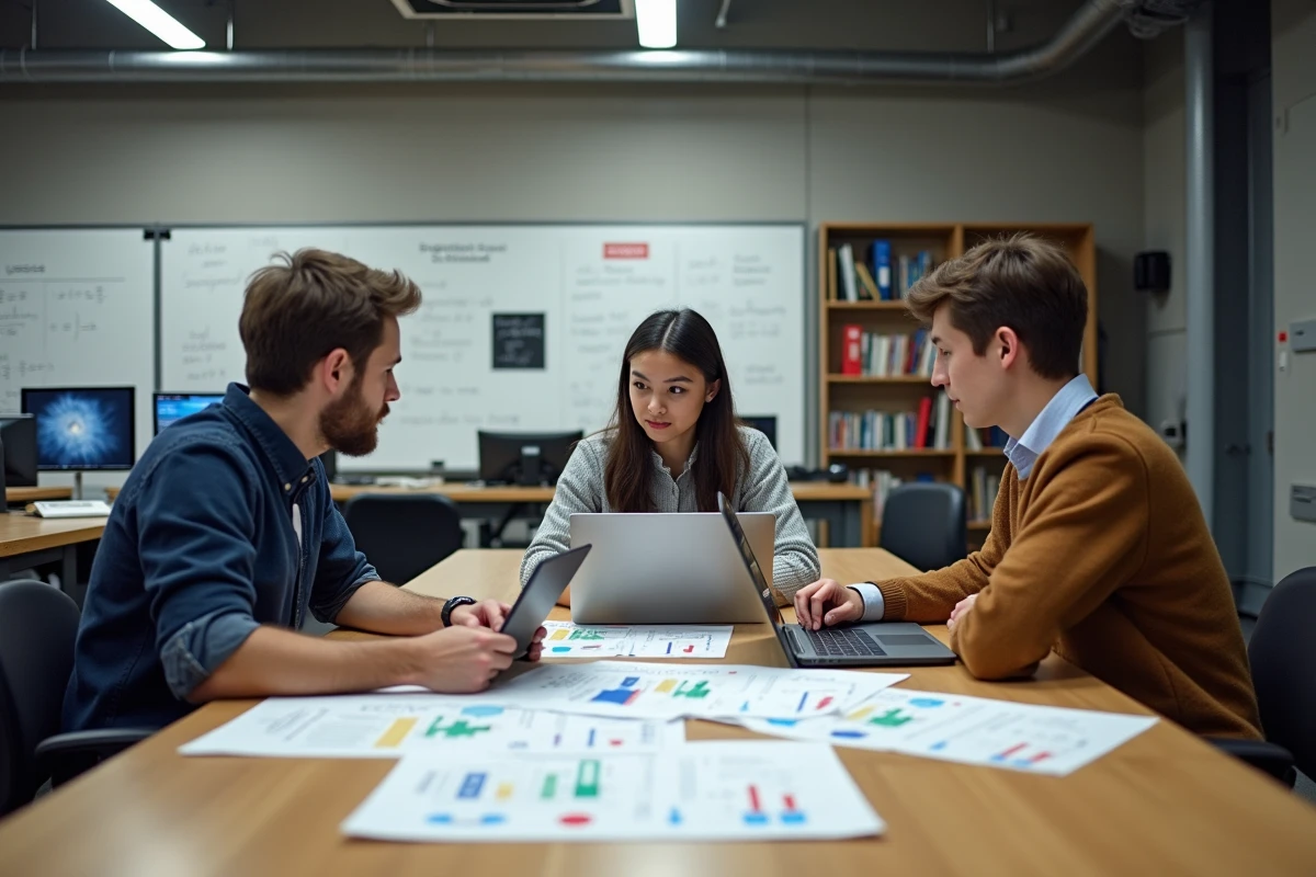Groupe d'étudiants ingénieurs analysant le classement des écoles d'ingénieurs sur ordinateur portable