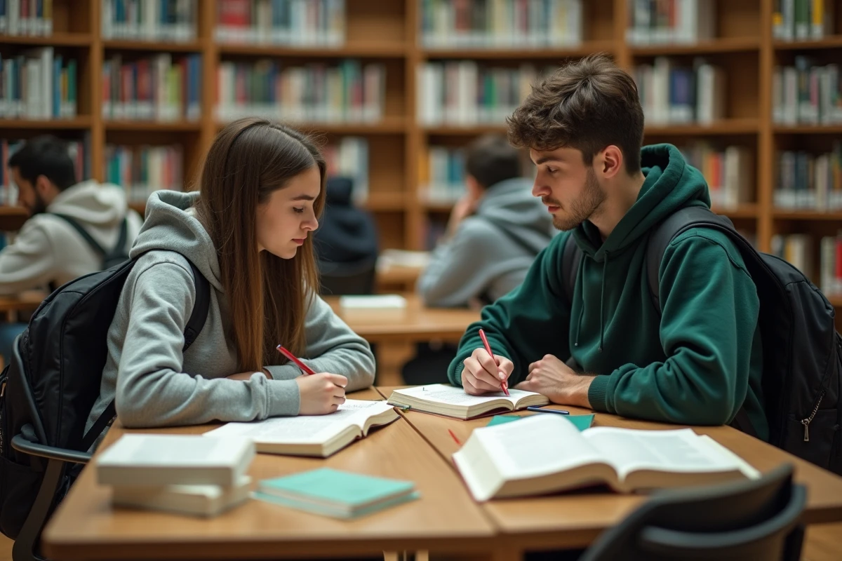 Deux étudiants révisant des phrases au futur en espagnol dans une bibliothèque universitaire