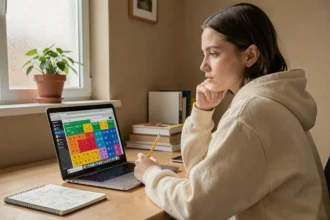 Jeune femme concentrée résolvant des exercices de logique en ligne sur un ordinateur portable dans un bureau minimaliste à domicile
