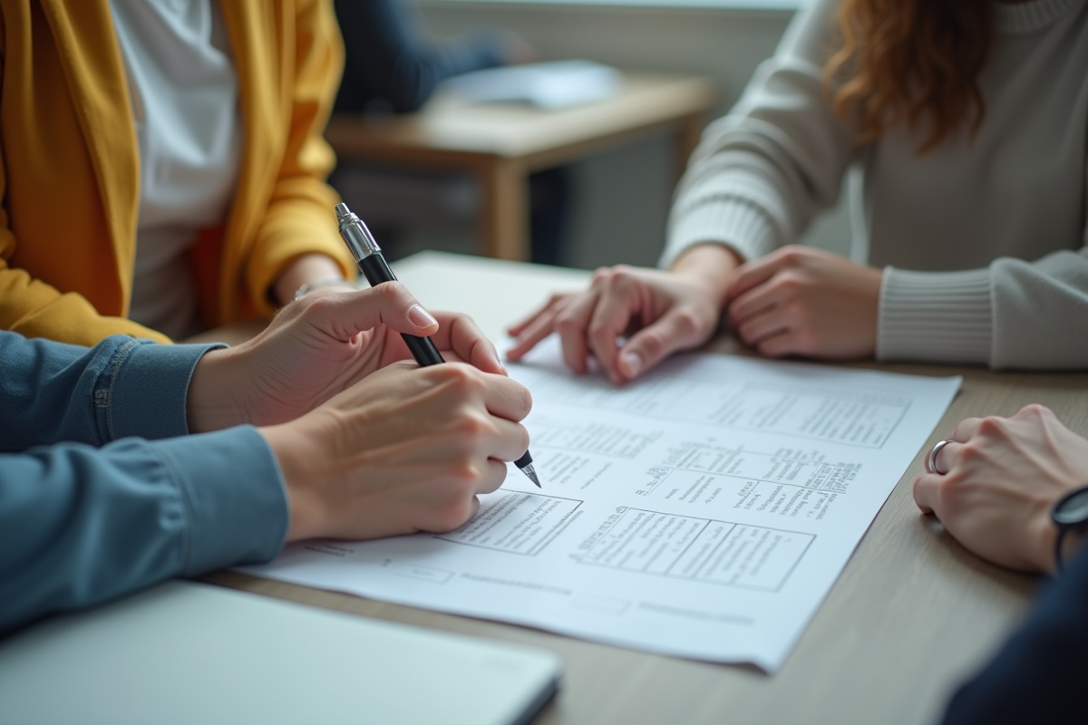 Deux adultes discutant des papiers pour devenir AESH en gros plan