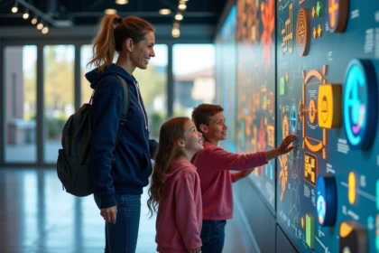 Une mère et ses enfants explorant une exposition scientifique interactive au MIT de Boston