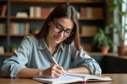 Femme étudiant la grammaire espagnole à la maison