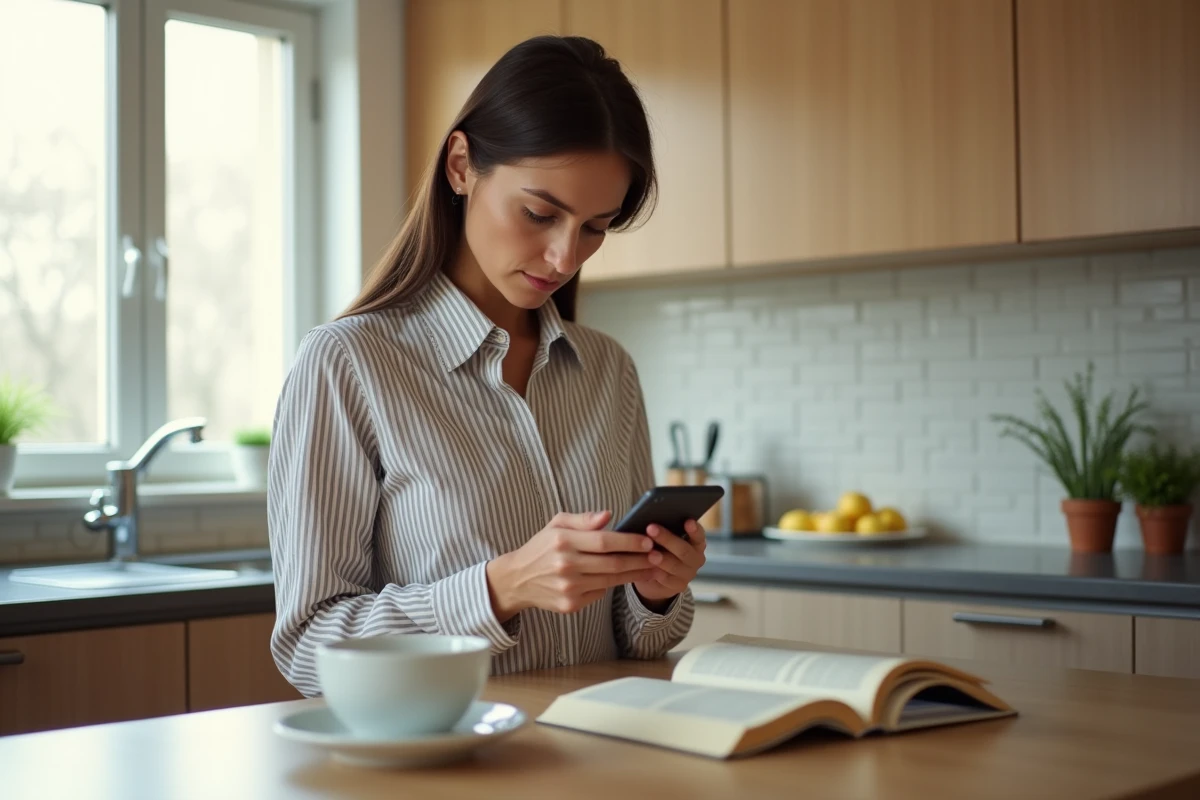Femme adulte apprenant le passé simple espagnol tener sur une application de quiz interactif dans sa cuisine