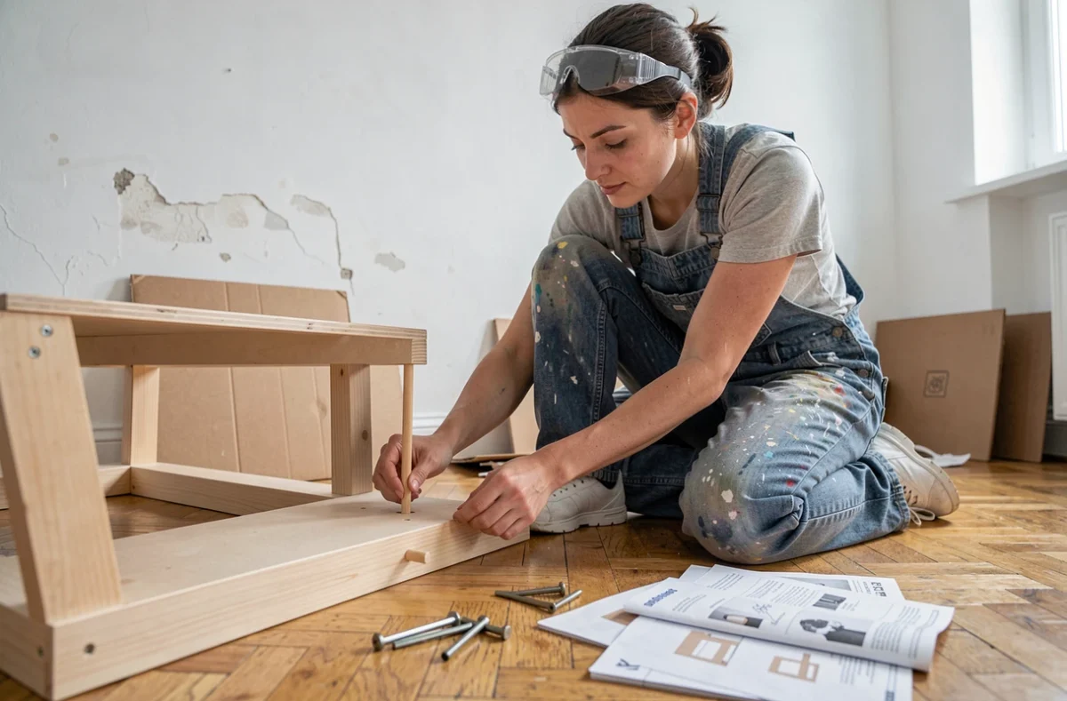 Femme assemblant un meuble en kit sur le parquet d'un salon avec des outils et une notice d'instructions