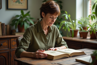Femme moyenne âge lit un livre de botanique dans un intérieur cosy