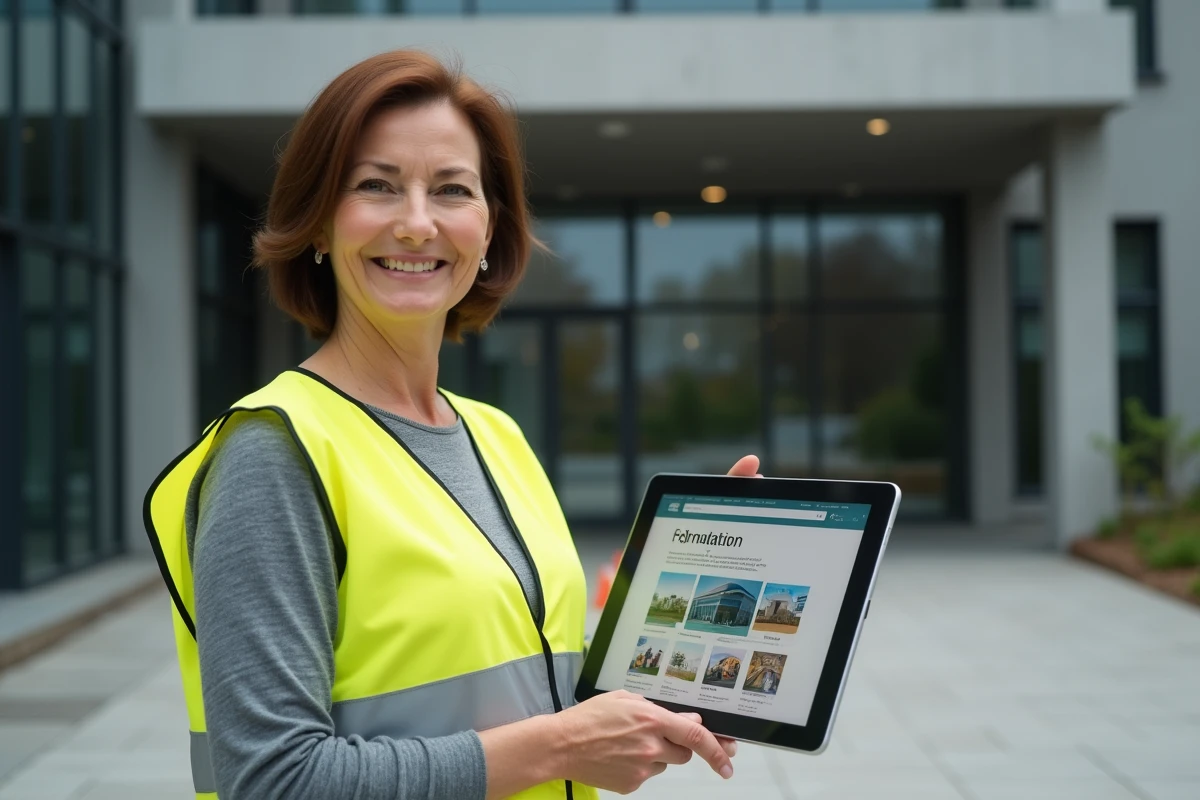 Femme professionnelle du BTP devant un centre de formation tenant une tablette avec un catalogue de cours