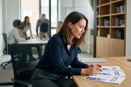Femme concentrée au bureau en blouse et pantalon