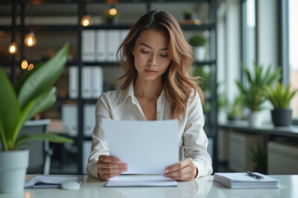 Femme au bureau lisant un document avec concentration