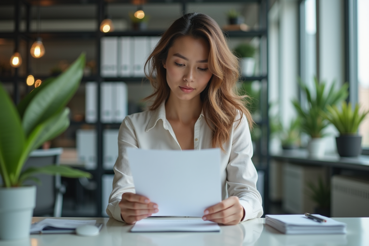Femme au bureau lisant un document avec concentration