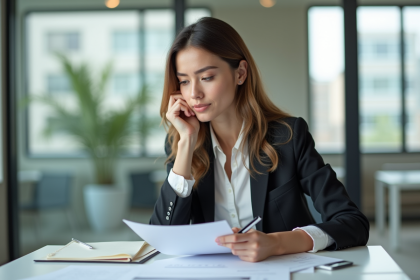 Femme en bureau moderne examinant des documents