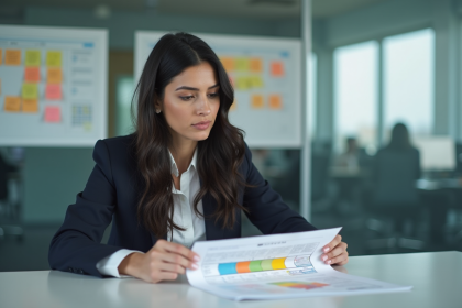 Femme d'affaires en réunion planifiant un workflow