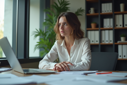 Jeune femme au bureau regardant par la fenetre