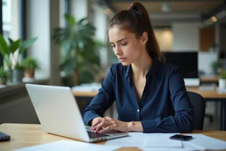 Jeune femme concentrée travaillant sur son ordinateur au bureau