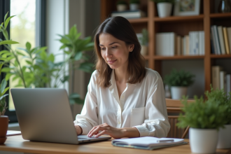 Femme en bureau moderne organisant ses tâches sur son ordinateur
