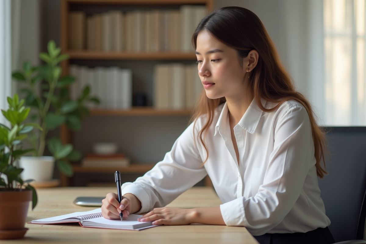 Jeune femme concentrée dans son bureau à domicile