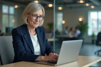 Femme en blazer navy travaillant sur LinkedIn au bureau