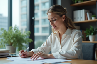 Femme d'âge moyen au bureau en pleine concentration