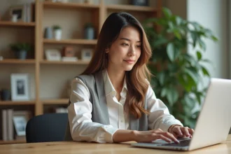 Jeune femme professionnelle travaillant sur son ordinateur dans un bureau
