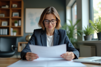 Femme en blazer regardant un rapport dans un bureau moderne