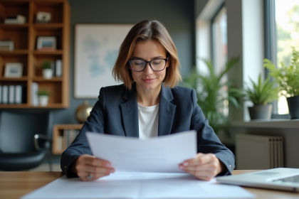 Femme en blazer regardant un rapport dans un bureau moderne