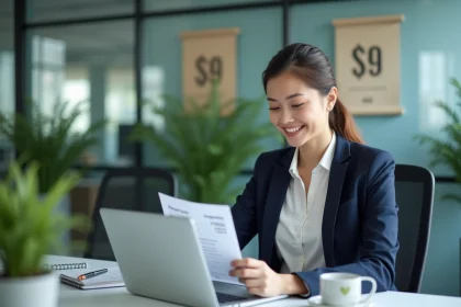 Femme en tenue professionnelle regardant un relevé de salaire