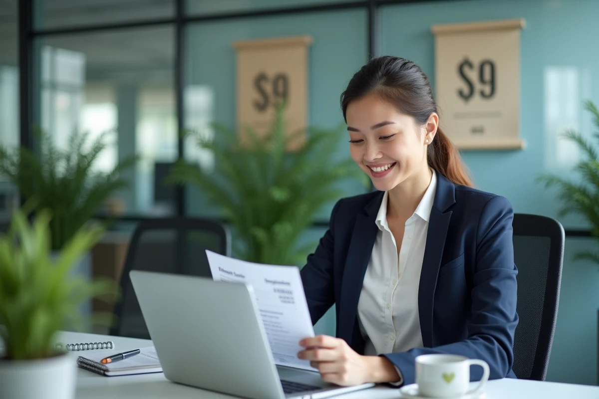Femme en tenue professionnelle regardant un relevé de salaire
