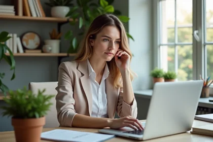 Jeune femme au bureau regardant un site de voyage