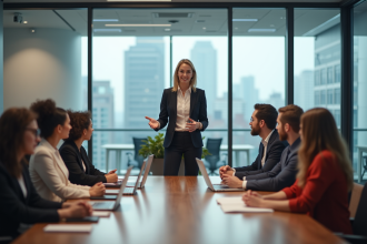 Femme confiante en réunion dans un bureau moderne