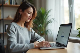 Femme accédant à son espace inscrit en ligne depuis un bureau à domicile sur un ordinateur portable
