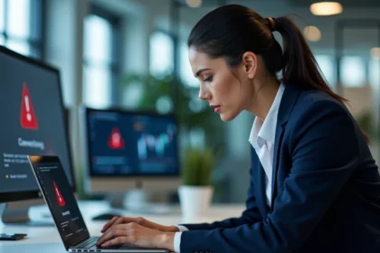 Femme en blazer marine analysant une erreur de connexion sur un extranet ESG depuis un bureau d'entreprise