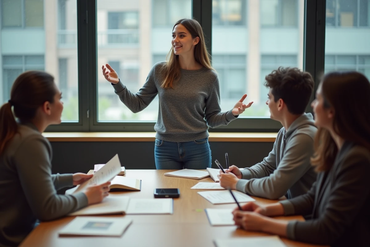 Jeune femme en discussion dans une salle d