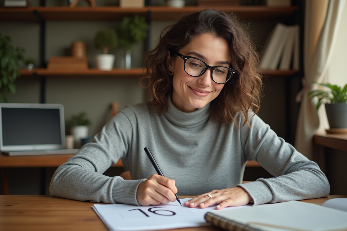 Jeune femme écrivant le chiffre 16 en cursive dans un bureau chaleureux
