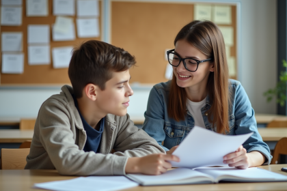Jeune femme souriante en réunion avec un adolescent dans un bureau moderne