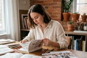Jeune femme étudiant des brochures de formation en illustration dans un atelier créatif