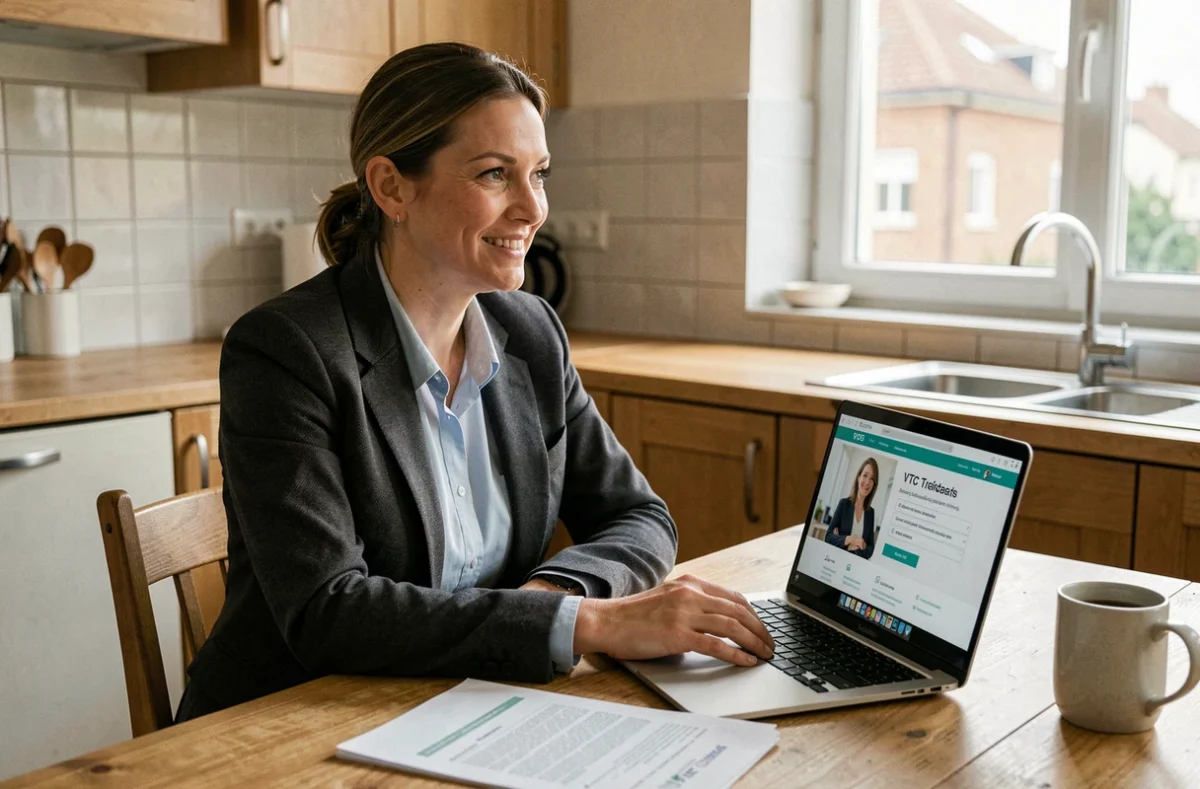 Femme en reconversion après licenciement préparant sa formation chauffeur VTC depuis son domicile avec un ordinateur portable