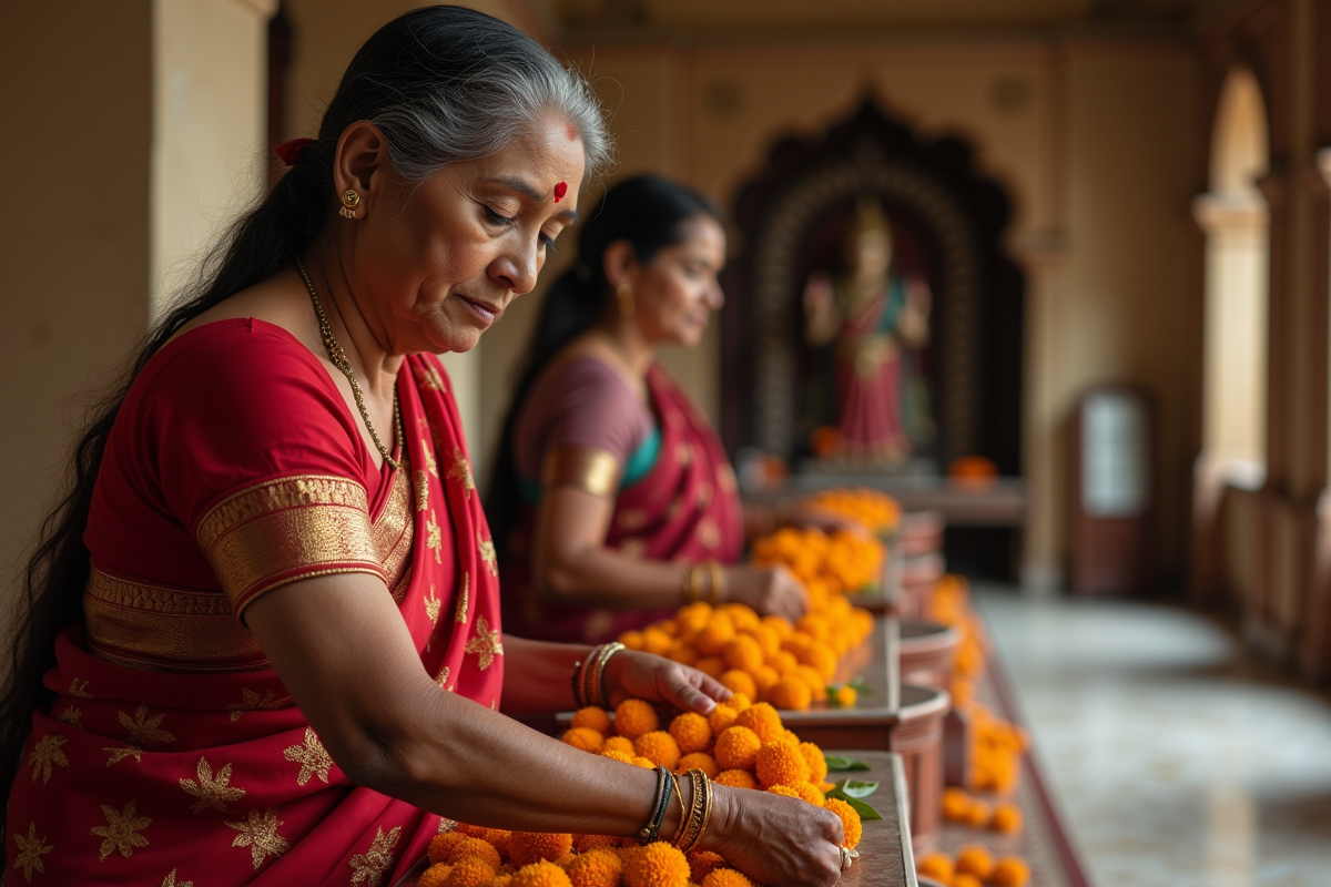 Femme hindoue en sari rouge déposant des fleurs dans un temple