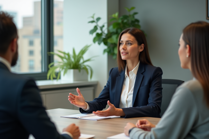 Femme en blazer navy dirigeant une réunion d'équipe en bureau moderne